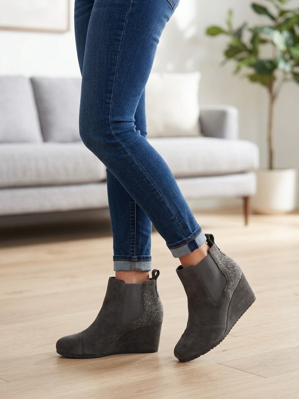 Toms Gray Suede Wedge Ankle Booties